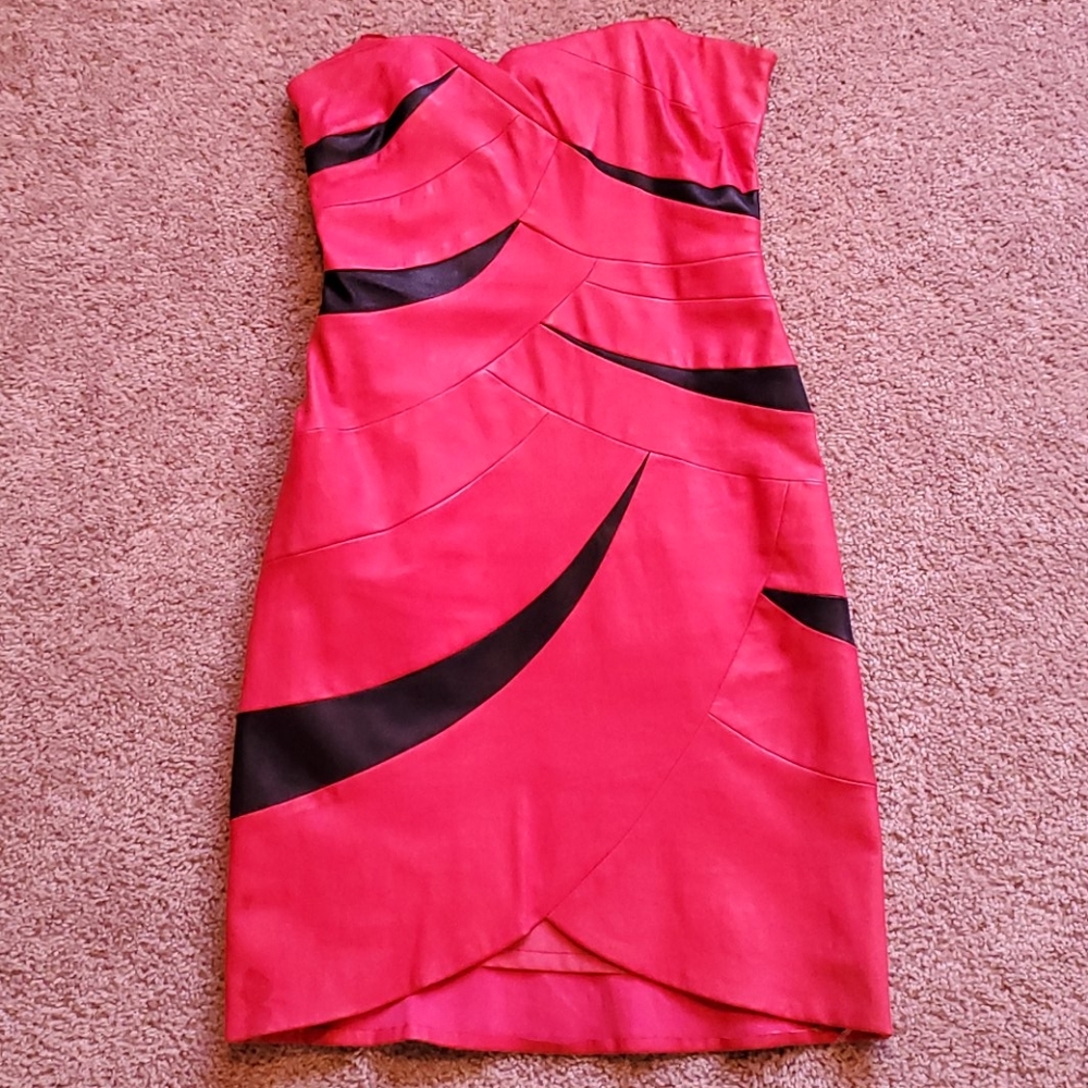 Red Strapless Faux leather Dress by VAKKO